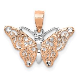 14k Rose Genuine Gold with Rhodium Diamond-cut Butterfly Necklace Charm Pendant
